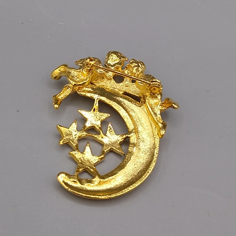 Cherub Crescent Moon Angel Brooch with Rhinestone Stars Valentine's Gift Vintage - Picture 10 of 15
